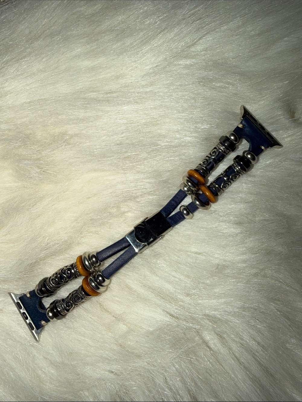 Beaded Leather Apple Watch Band - Navy Blue with Wood & Silver Accents